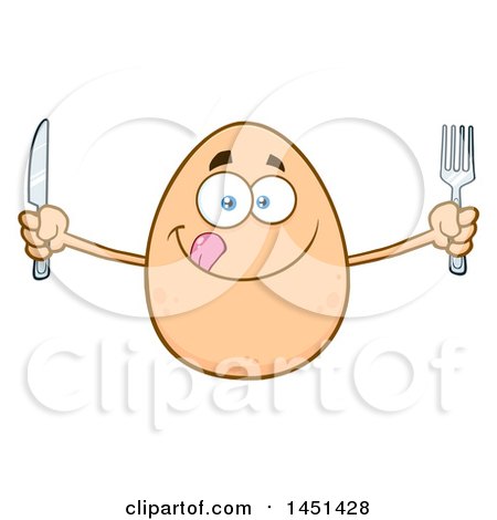 Clipart Graphic of a Cartoon Hungry Egg Mascot Character Holding Silverware - Royalty Free Vector Illustration by Hit Toon