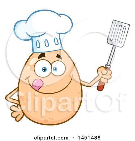 Clipart Graphic of a Cartoon Egg Chef Mascot Character Holding a Spatula - Royalty Free Vector Illustration by Hit Toon
