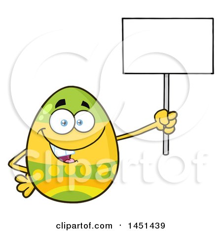 Clipart Graphic of a Cartoon Decorated Easter Egg Mascot Character Holding a Blank Sign - Royalty Free Vector Illustration by Hit Toon