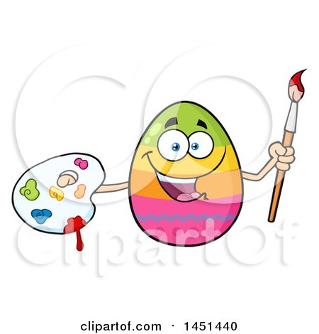Clipart Graphic of a Cartoon Decorated Easter Egg Mascot Character Holding a Paintbrush and Palette - Royalty Free Vector Illustration by Hit Toon