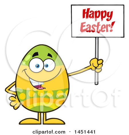 Clipart Graphic of a Cartoon Decorated Easter Egg Mascot Character Holding a Happy Easter Sign - Royalty Free Vector Illustration by Hit Toon