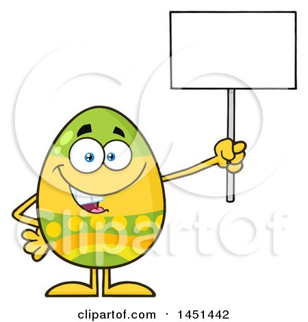 Clipart Graphic of a Cartoon Decorated Easter Egg Mascot Character Holding a Blank Sign - Royalty Free Vector Illustration by Hit Toon