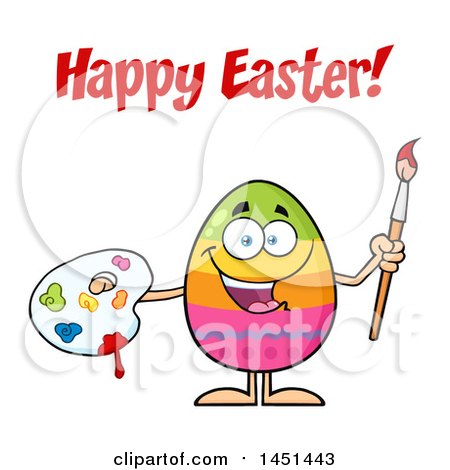 Clipart Graphic of a Cartoon Decorated Egg Mascot Character Holding a Paintbrush and Palette Under Happy Easter Text - Royalty Free Vector Illustration by Hit Toon