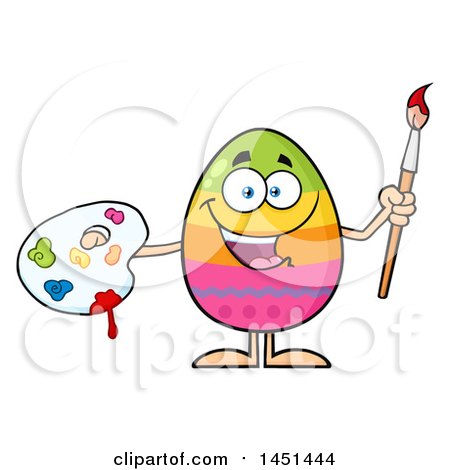Clipart Graphic of a Cartoon Decorated Easter Egg Mascot Character Holding a Paintbrush and Palette - Royalty Free Vector Illustration by Hit Toon