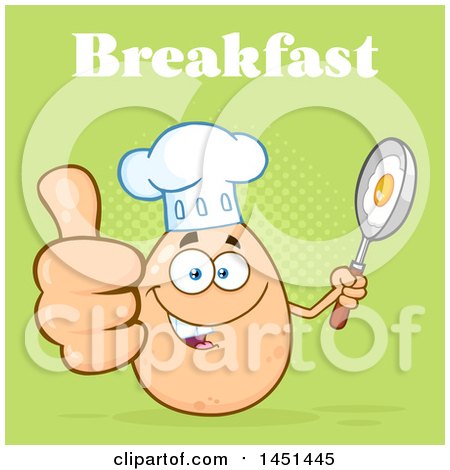 Clipart Graphic of a Cartoon Egg Chef Mascot Character Holding a Frying Pan and Giving a Thumb up Under Breakfast Text over Green - Royalty Free Vector Illustration by Hit Toon