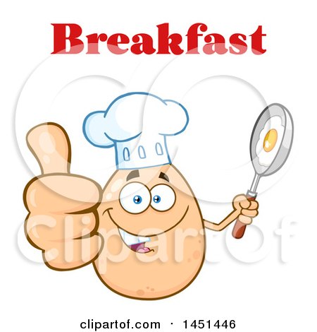 Clipart Graphic of a Cartoon Egg Chef Mascot Character Holding a Frying Pan and Giving a Thumb up Under Breakfast Text - Royalty Free Vector Illustration by Hit Toon