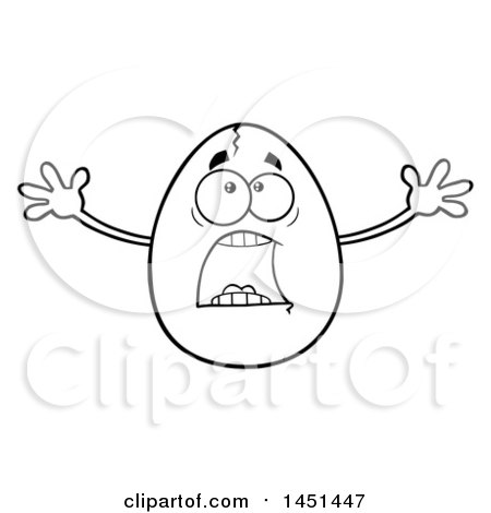 Clipart Graphic of a Cartoon Black and White Lineart Cracked Egg Mascot Character Screaming - Royalty Free Vector Illustration by Hit Toon