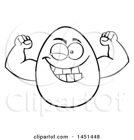 Clipart Graphic of a Cartoon Black and White Lineart Egg Mascot Character Flexing - Royalty Free Vector Illustration by Hit Toon
