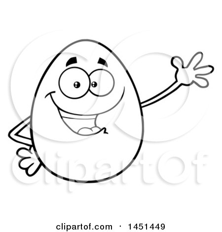 Clipart Graphic of a Cartoon Black and White Lineart Egg Mascot Character Waving - Royalty Free Vector Illustration by Hit Toon