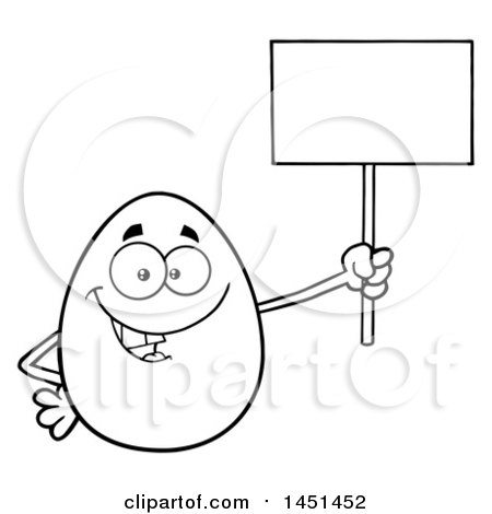 Clipart Graphic of a Cartoon Black and White Lineart Egg Mascot Character Holding a Blank Sign - Royalty Free Vector Illustration by Hit Toon