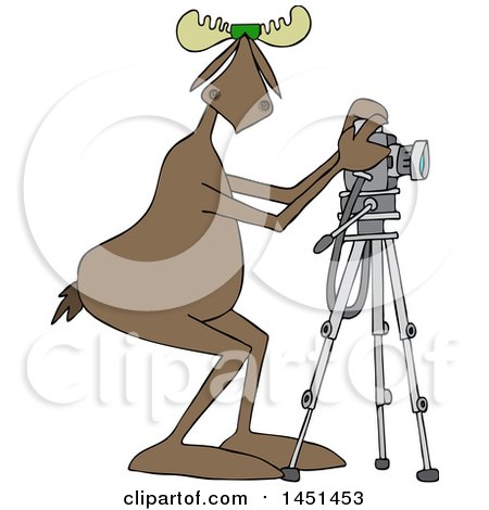 Clipart Graphic of a Cartoon Moose Photographer Wearing Sunglasses and Taking Pictures with a Camera on a Tripod - Royalty Free Vector Illustration by djart