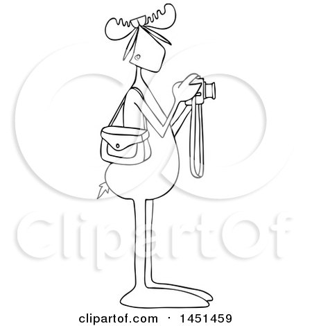 Clipart Graphic of a Cartoon Black and White Lineart Moose Photographer Wearing Sunglasses and Taking Pictures with a Camera - Royalty Free Vector Illustration by djart