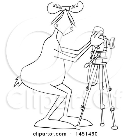 Clipart Graphic of a Cartoon Black and White Lineart Moose Photographer Wearing Sunglasses and Taking Pictures with a Camera on a Tripod - Royalty Free Vector Illustration by djart