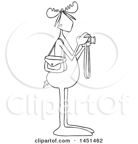 Clipart Graphic of a Cartoon Black and White Lineart Moose Photographer Taking Pictures with a Camera - Royalty Free Vector Illustration by djart