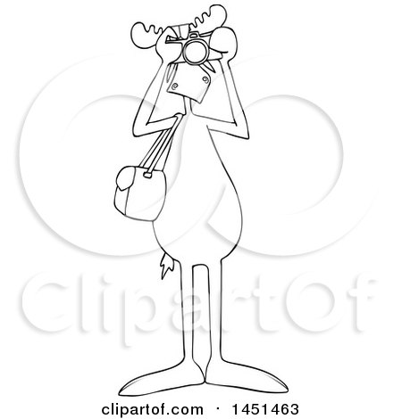 Clipart Graphic of a Cartoon Black and White Lineart Moose Photographer Wearing Sunglasses, Facing Front and Taking Pictures with a Camera - Royalty Free Vector Illustration by djart
