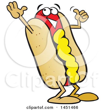 Clipart Graphic of a Cartoon Happy Hot Dog Mascot with Mustard, Giving a Thumb up - Royalty Free Vector Illustration by Johnny Sajem