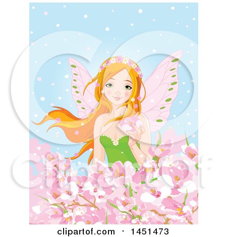Clipart Graphic of a Red Haired Spring Time Fairy Surrounded Pink Blossoms Against Blue - Royalty Free Vector Illustration by Pushkin