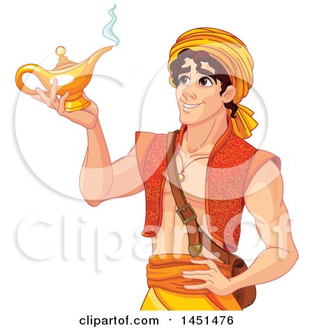 Clipart Graphic of a Handsome Arabian Man, Aladdin, Holding a Genie Lamp - Royalty Free Vector Illustration by Pushkin