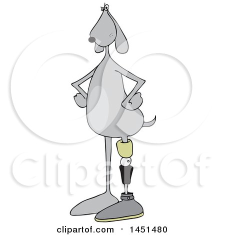Clipart Graphic of a Cartoon Gray Dog Standing Upright with a Prosthetic Leg - Royalty Free Vector Illustration by djart