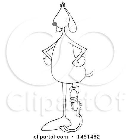 Clipart Graphic of a Cartoon Black and White Lineart Dog Standing Upright with a Prosthetic Spring Leg - Royalty Free Vector Illustration by djart
