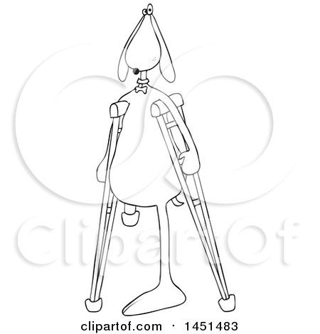 Clipart Graphic of a Cartoon Black and White Lineart Three Legged Dog Using Crutches - Royalty Free Vector Illustration by djart