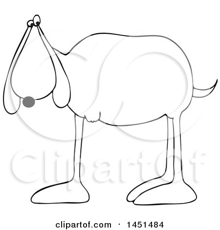 Clipart Graphic of a Cartoon Black and White Lineart 3 Legged Dog - Royalty Free Vector Illustration by djart