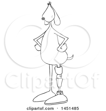 Clipart Graphic of a Cartoon Black and White Lineart Dog Standing Upright with a Prosthetic Leg - Royalty Free Vector Illustration by djart
