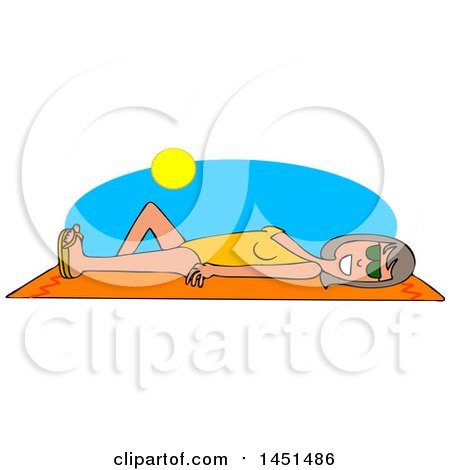 Clipart Graphic of a Cartoon Cartoon Happy White Woman Sun Bathing on a Beach Towel - Royalty Free Vector Illustration by djart
