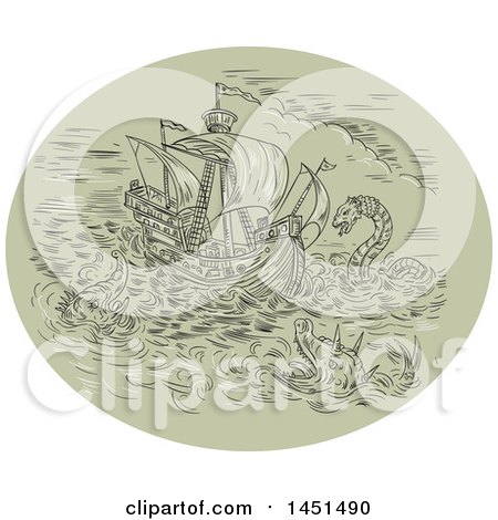 Clipart Graphic of a Drawing Sketch Styled Tall Ship in a Turbulent Ocean Sea with Attacking Serpents and Sea Dragons - Royalty Free Vector Illustration by patrimonio