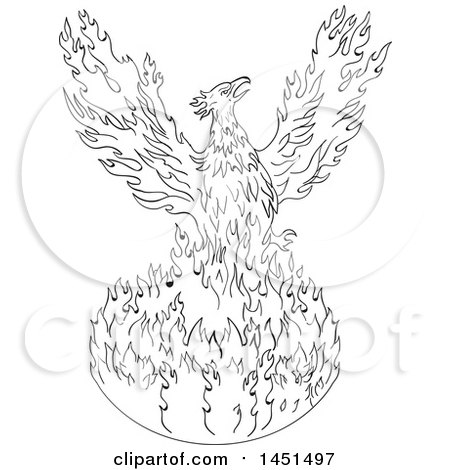 Clipart Graphic of a Black and White Drawing Sketch Styled Rising Phoenix - Royalty Free Vector Illustration by patrimonio