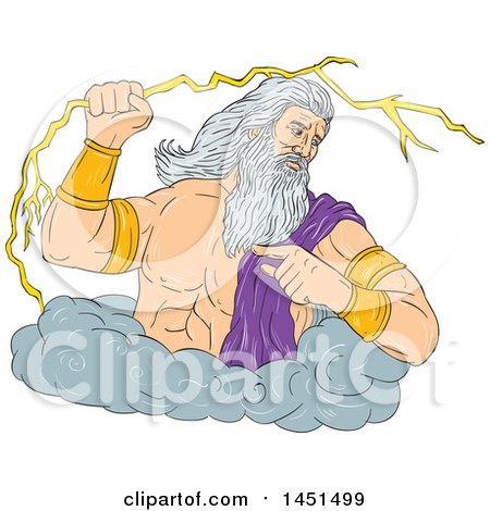 Clipart Graphic of a Drawing Sketch Styled Greek God, Zeus, Holding a Lightning Bolt in a Cloud - Royalty Free Vector Illustration by patrimonio