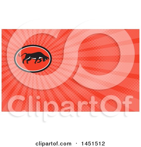 Clipart of a Retro Charging Bull in a Black White and Red Oval and Red Rays Background or Business Card Design - Royalty Free Illustration by patrimonio