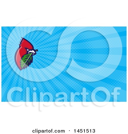 Clipart of a Retro Cartoon Red Cardinal Bird with a Leaf in His Mouth and Blue Rays Background or Business Card Design - Royalty Free Illustration by patrimonio