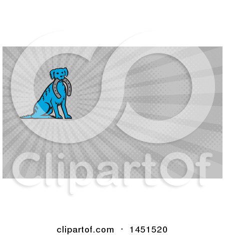 Clipart of a Retro Blue Dog Sitting with a Horseshoe in His Mouth and Gray Rays Background or Business Card Design - Royalty Free Illustration by patrimonio