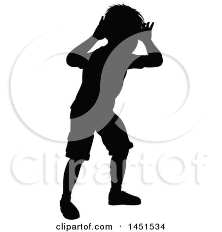 Clipart Graphic of a Black Silhouetted Little Boy Peeking Through an Invisible Window - Royalty Free Vector Illustration by AtStockIllustration