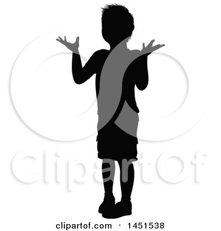 Clipart Graphic of a Black Silhouetted Little Boy Shrugging - Royalty Free Vector Illustration by AtStockIllustration