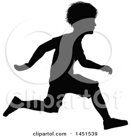 Clipart Graphic of a Black Silhouetted Little Boy Running - Royalty Free Vector Illustration by AtStockIllustration