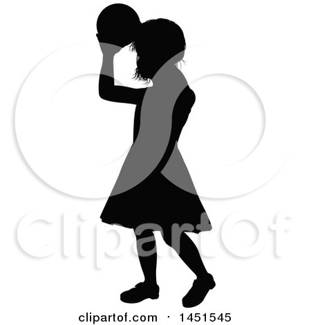 Clipart Graphic of a Black Silhouetted Little Girl Throwing a Ball - Royalty Free Vector Illustration by AtStockIllustration