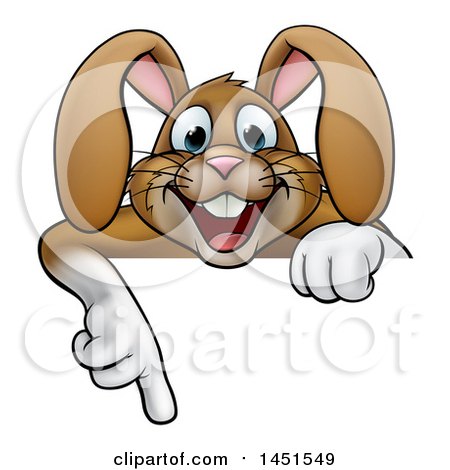 Clipart Graphic of a Cartoon Happy Brown Easter Bunny Rabbit Pointing down over a Sign - Royalty Free Vector Illustration by AtStockIllustration