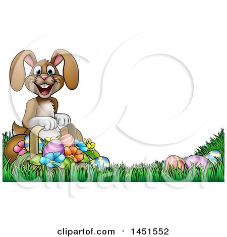 Clipart Graphic of a Cartoon Happy Brown Easter Bunny Rabbit with a Basket and Eggs in Grass - Royalty Free Vector Illustration by AtStockIllustration
