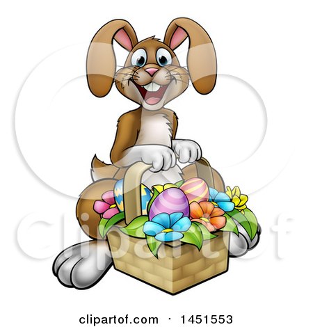 Clipart Graphic of a Cartoon Happy Brown Easter Bunny Rabbit with a Basket and Eggs - Royalty Free Vector Illustration by AtStockIllustration