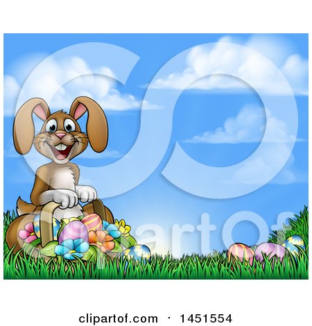 Clipart Graphic of a Cartoon Happy Brown Easter Bunny Rabbit with a Basket and Eggs in Grass Against Sky - Royalty Free Vector Illustration by AtStockIllustration