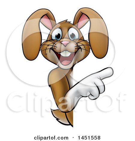 Clipart Graphic of a Cartoon Happy Brown Easter Bunny Rabbit Pointing Around a Sign - Royalty Free Vector Illustration by AtStockIllustration