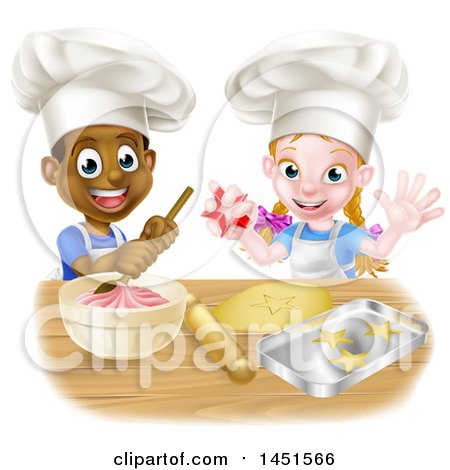 Clipart Graphic of a Cartoon Happy Black Boy and White Girl Baking Star Shaped Cookies - Royalty Free Vector Illustration by AtStockIllustration