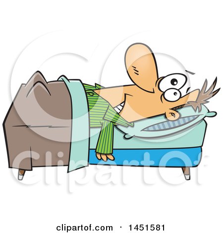 Clipart Graphic of a Cartoon Insomniac White Man Laying in Bed - Royalty Free Vector Illustration by toonaday