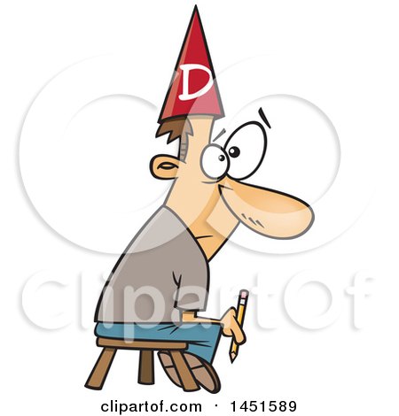 Clipart Graphic of a Cartoon Bad White Male Cartoonist Holding a Pencil, Sitting on a Stool and Wearing a Dunce Cap - Royalty Free Vector Illustration by toonaday