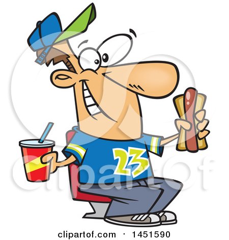 Clipart Graphic of a Cartoon White Male Sports Fan with a Soda and Hot Dog at a Ball Game - Royalty Free Vector Illustration by toonaday