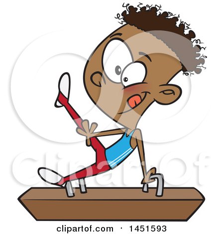 Clipart Graphic of a Cartoon Black Boy Gymnast on a Pommel Horse - Royalty Free Vector Illustration by toonaday