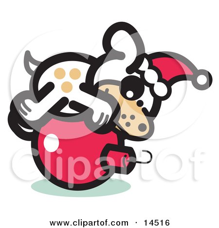Cute Dog Wearing a Santa Hat and Lying on a Red Christmas Bauble Ornament Clipart Illustration by Andy Nortnik