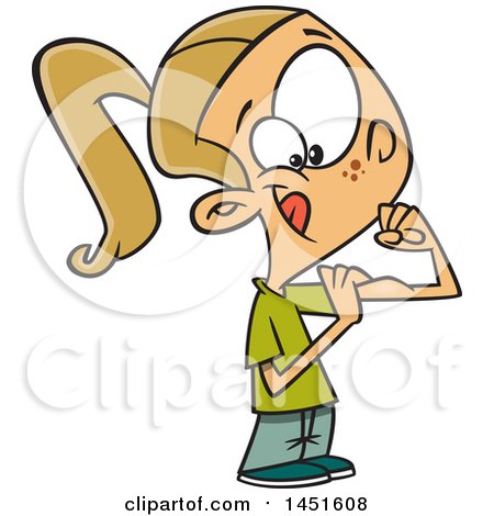 Clipart Graphic of a Cartoon Blond White Girl Flexing Her Biceps - Royalty Free Vector Illustration by toonaday